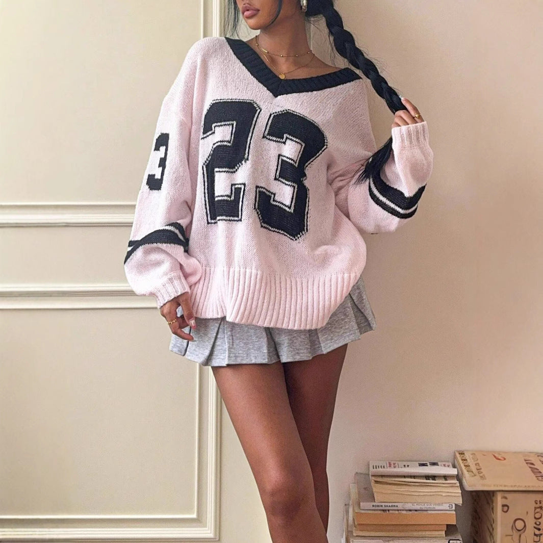 Oversized V-Neck Number Print Loose Fit Sweater – Casual Streetwear