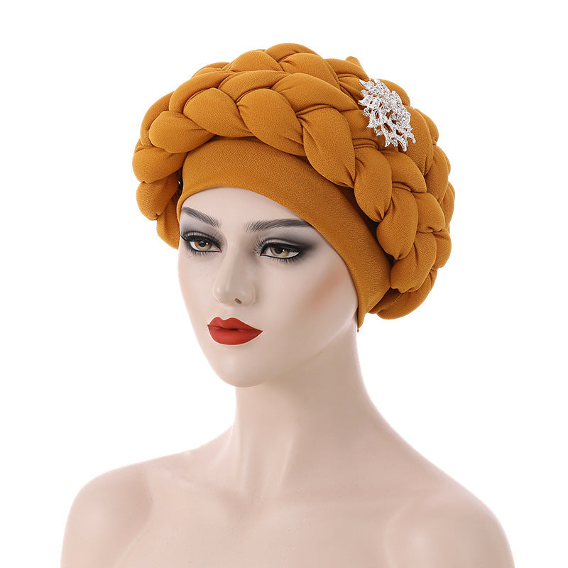 Women’s African Style Braided Turban Hat with Decorative Accessories