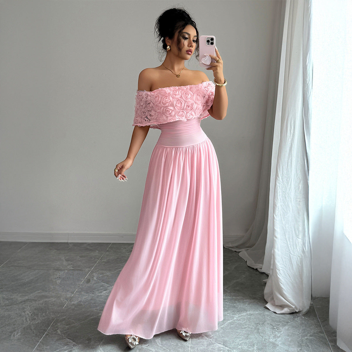 Elegant Off-Shoulder Pink Maxi Dress – Long Formal Evening Gown