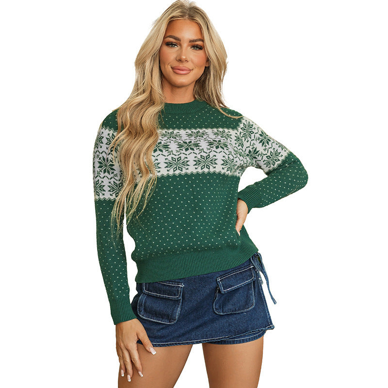 Women’s Christmas Snowflake Print Round Neck Sweater – Casual Holiday Knit Pullover