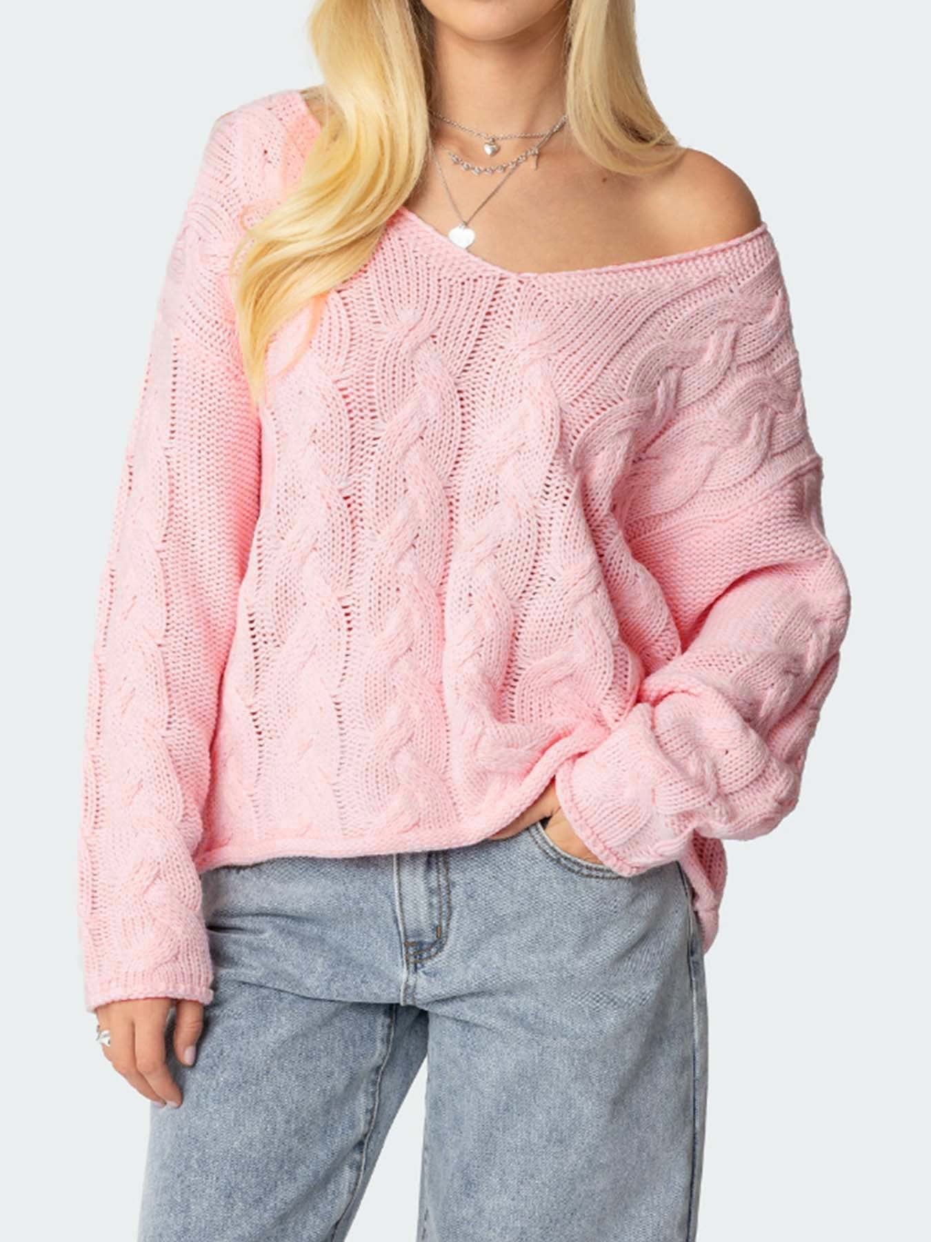 Women’s V-Neck Twist Knitted Pullover Sweater – Casual Loose Long Sleeve Knitwear