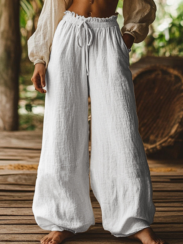 Casual Wide Leg Pants with Elastic Waist & Drawstring – Boho Summer Trousers