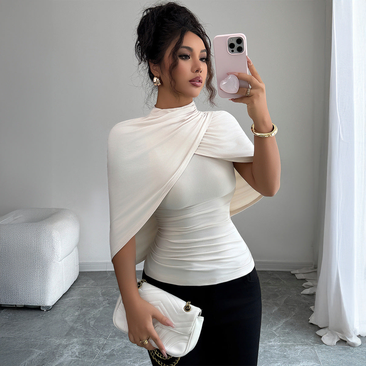 Solid Color Shawl Short-Sleeved T-Shirt for Women