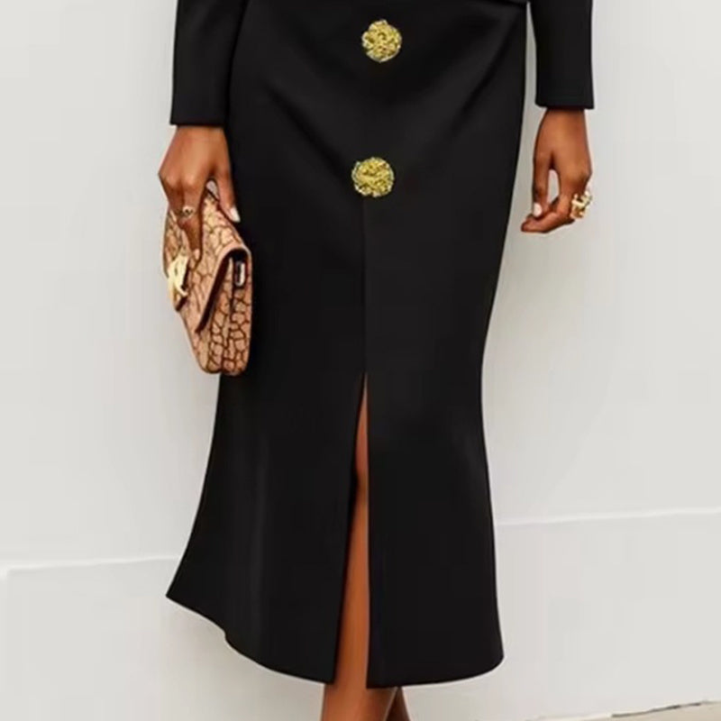 Elegant Button-Front Bodycon Midi Dress with Long Sleeves