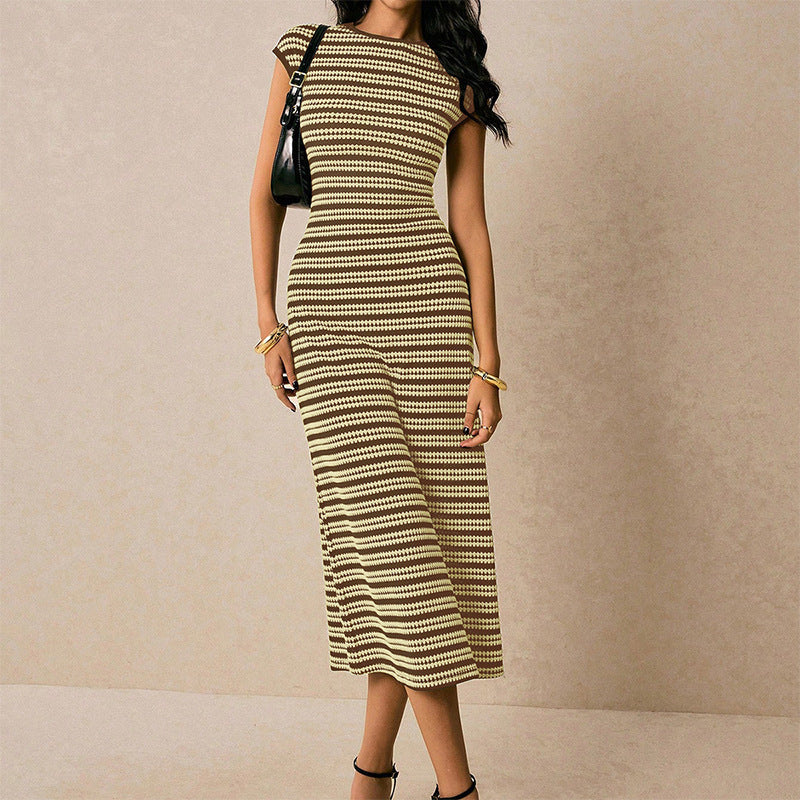 Striped Knitted Slim Fit Sleeveless Dress – Casual Summer Bodycon Midi