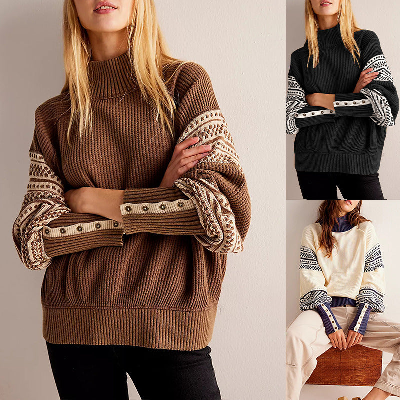 Multi-Colored Half Turtleneck Sweater with Button Sleeve Detail