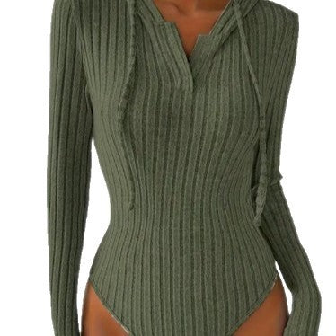 Autumn Knitted Hooded Bodysuit – Slim Fit Long Sleeve Jumpsuit