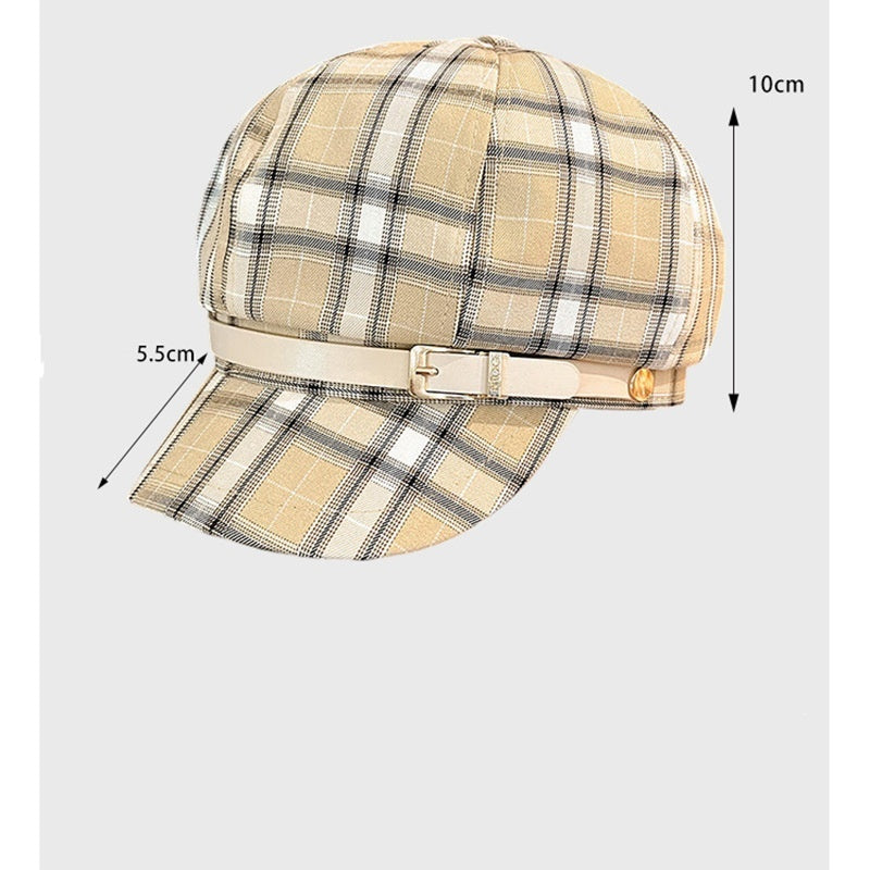 British Retro Plaid Octagonal Hat with Belt – Stylish Dome Cap for Women