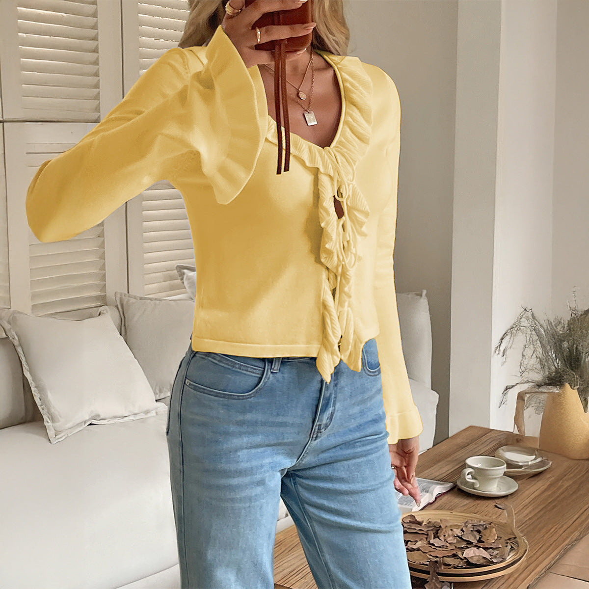 Women’s Long Sleeve Tied Sweater – Elegant V-Neck Blouse with Ruffles