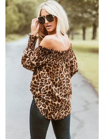 Women’s Leopard Print Off Shoulder Long Sleeve Blouse