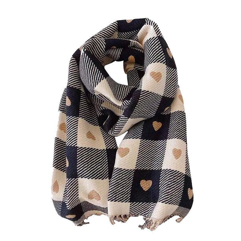 Women’s Winter Heart Plaid Cashmere Scarf – Thick Warm Checkered Shawl with Fringe