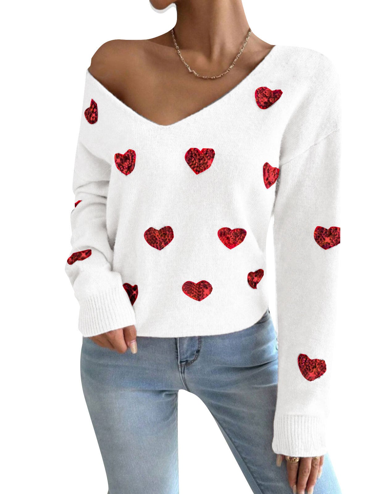 Women’s Embroidered V-Neck Pullover Sweater – Casual Heart Pattern Knit Top