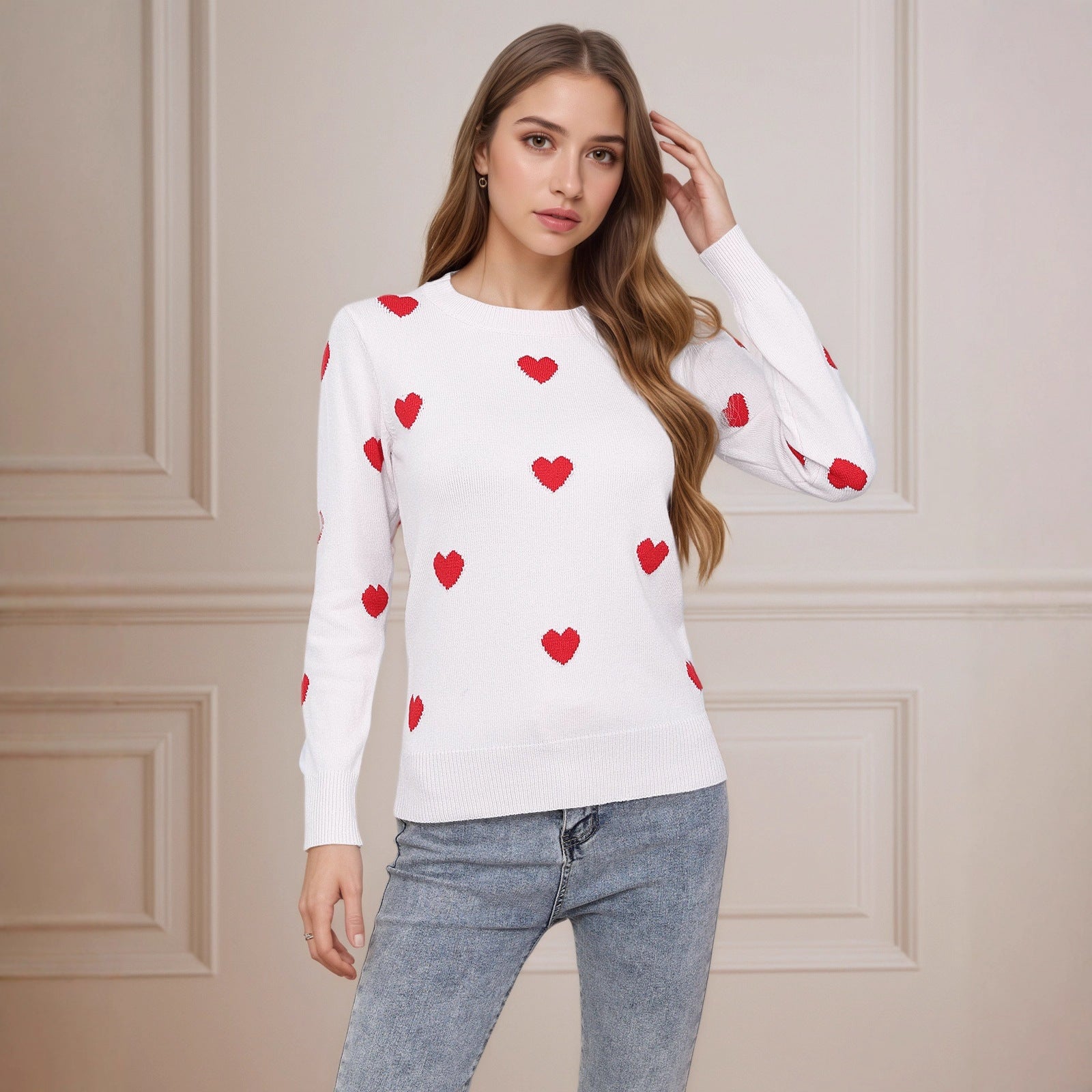 Women’s Heart Jacquard Round Neck Sweater – Cute Valentine’s Day Pullover