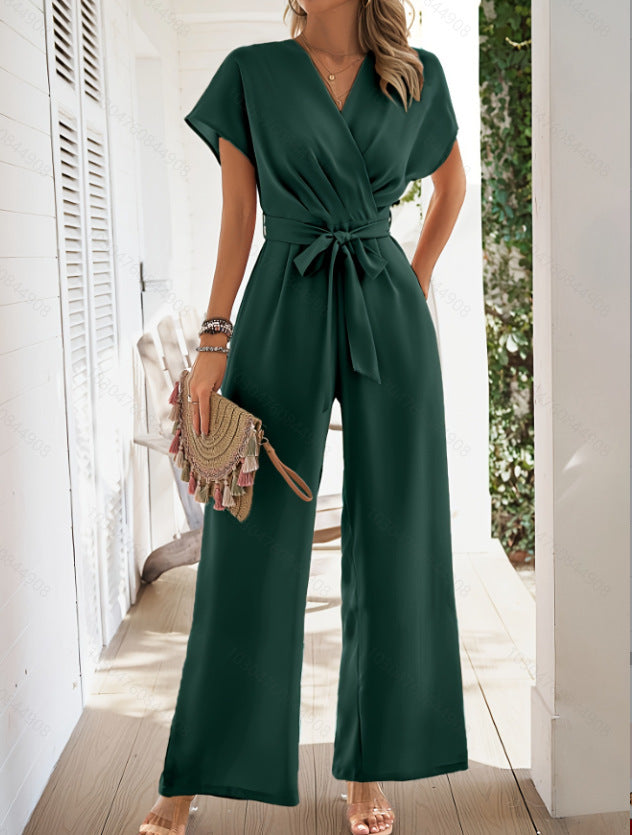 Solid Color Women’s Jumpsuit with Belt – Elegant V-Neck Wide Leg Romper