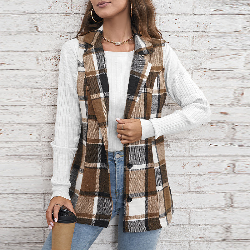 Women’s Casual Plaid Sleeveless Vest - Button Front Jacket