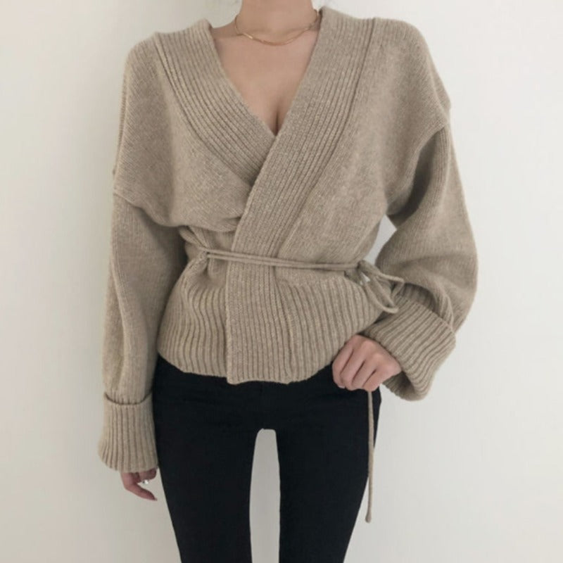 Autumn Winter V-Neck Knitted Wrap Cardigan Sweater – Apricot / Brown