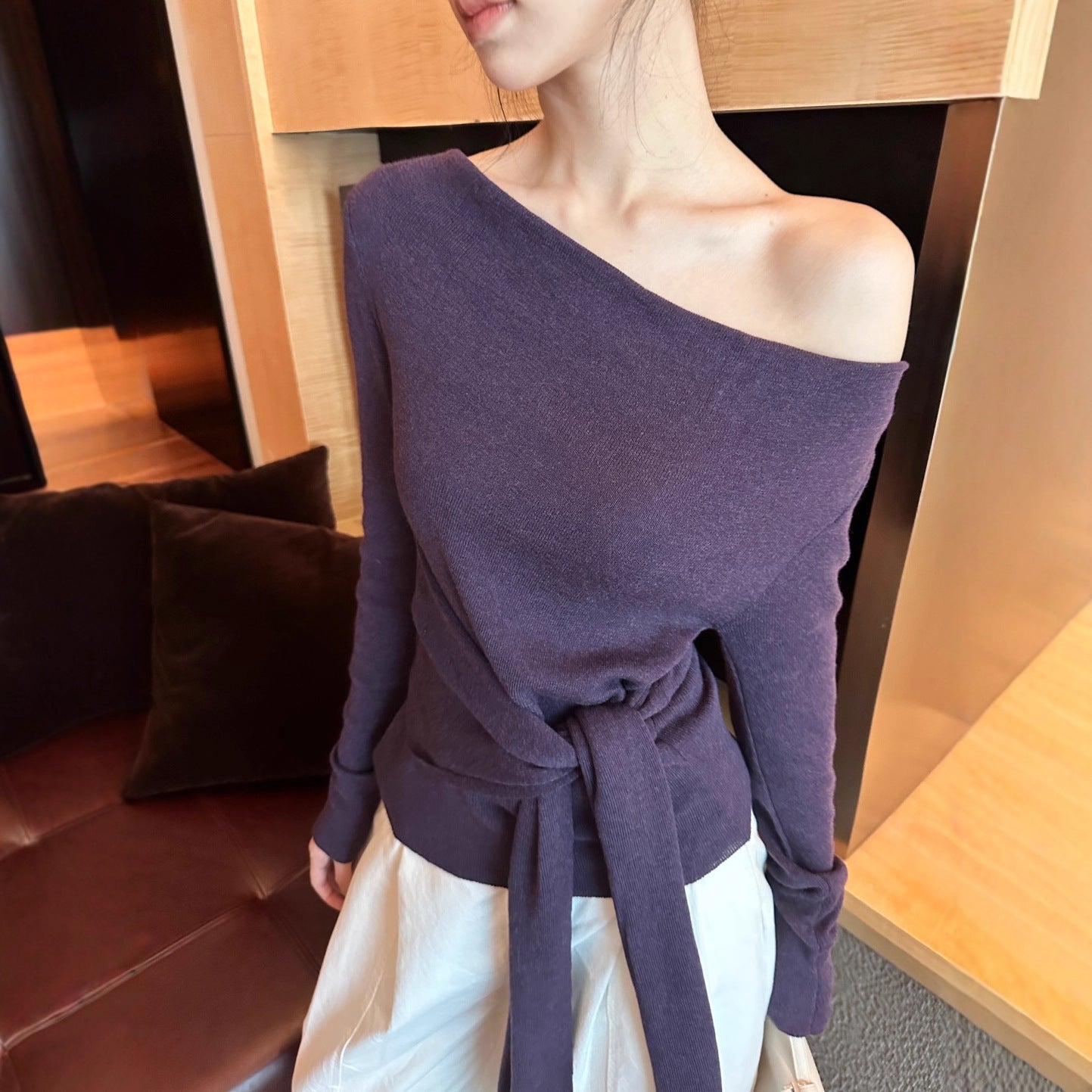 Off-Shoulder Knit Sweater with Waist Tie – Elegant Long Sleeve Pullover