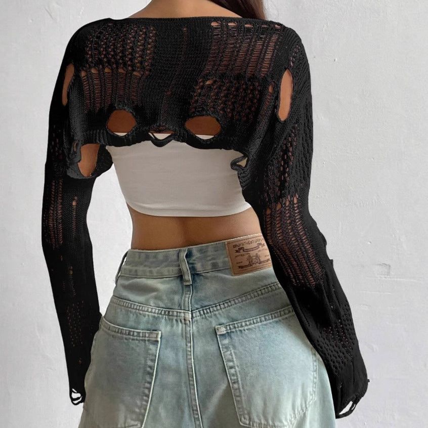 Women’s Hollow Out Crochet Knit Sweater – Trendy Long Sleeve See-Through Pullover