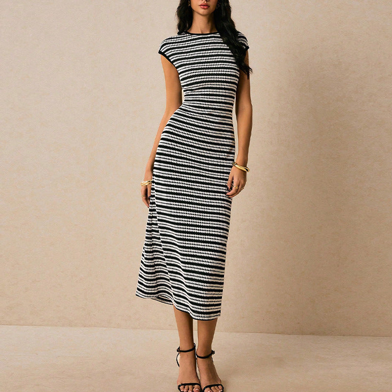 Striped Knitted Slim Fit Sleeveless Dress – Casual Summer Bodycon Midi