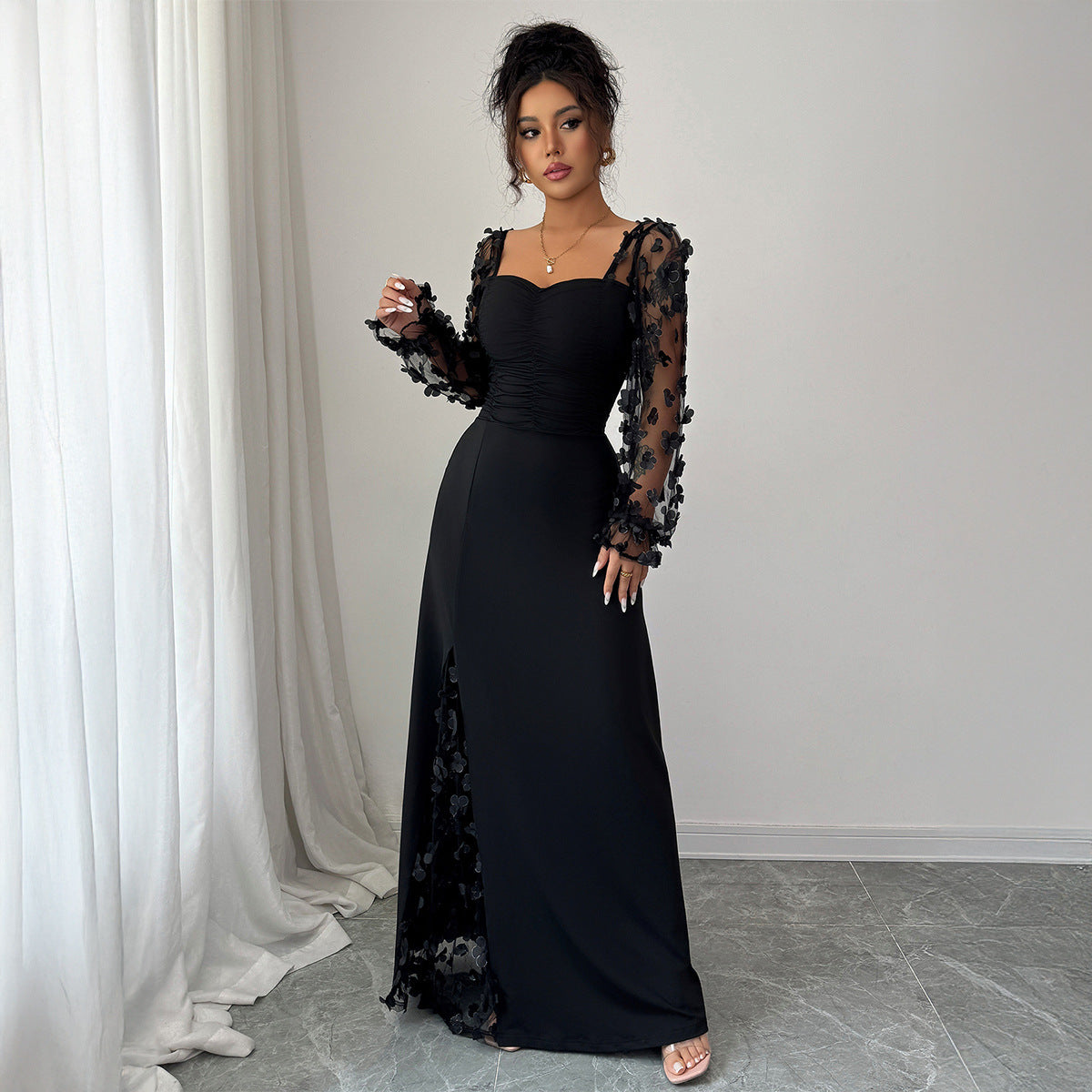 Elegant Black Evening Dress with Sheer Floral Sleeves – Long Maxi Gown