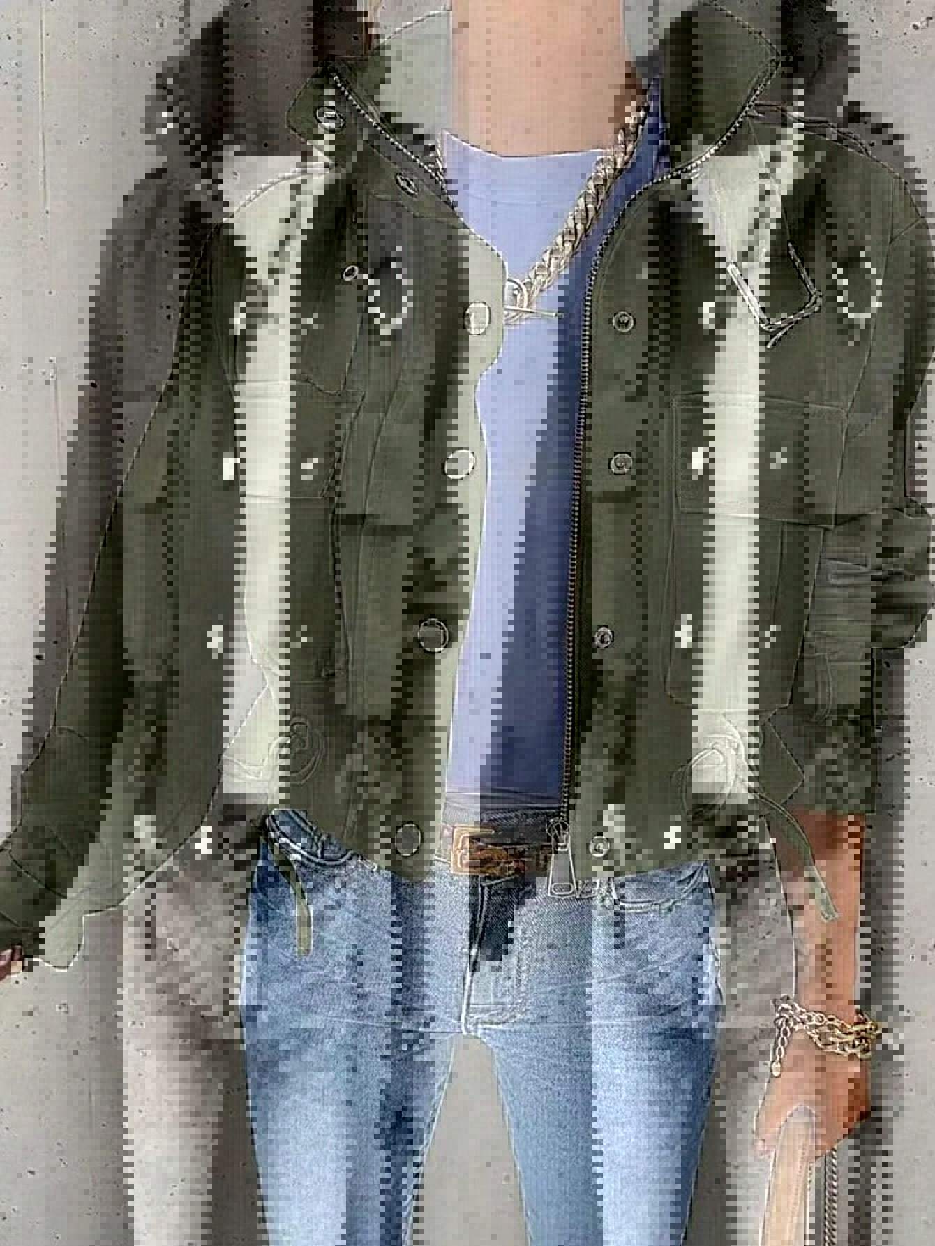 Women’s Casual Short Zipper Coat – Single-Breasted Long Sleeve Jacket with Pockets