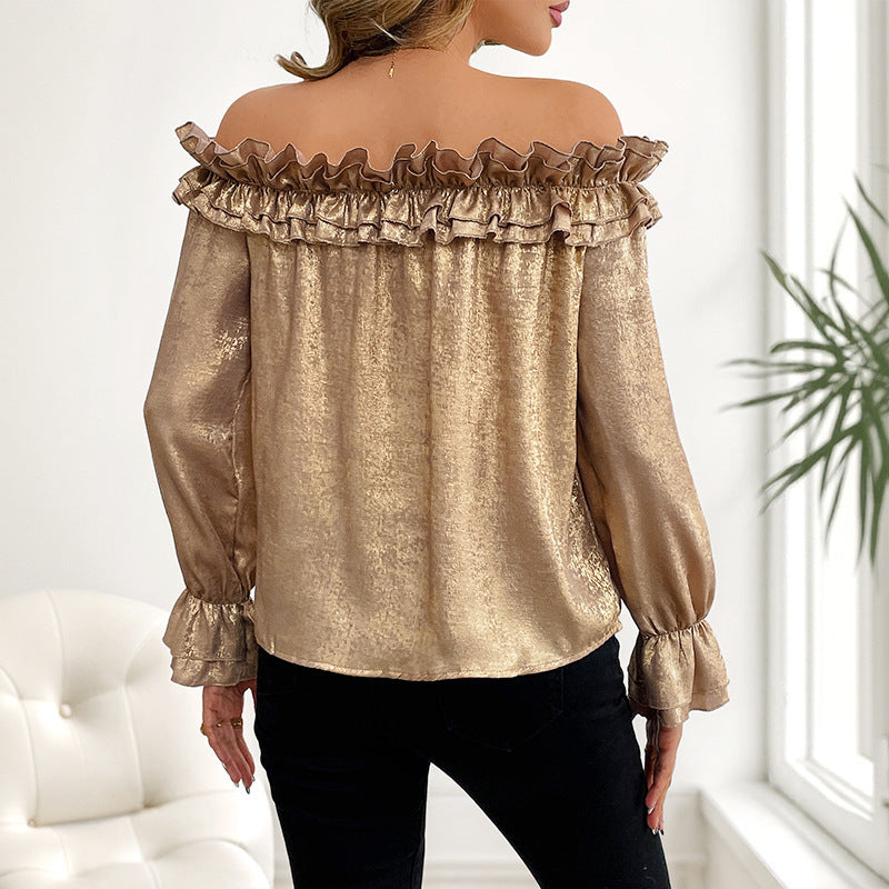 Off-Shoulder Long Sleeve Golden Ruffle Blouse