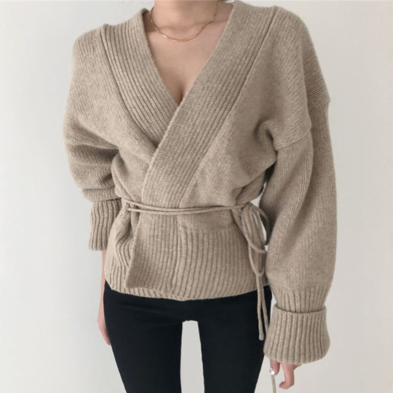 Autumn Winter V-Neck Knitted Wrap Cardigan Sweater – Apricot / Brown