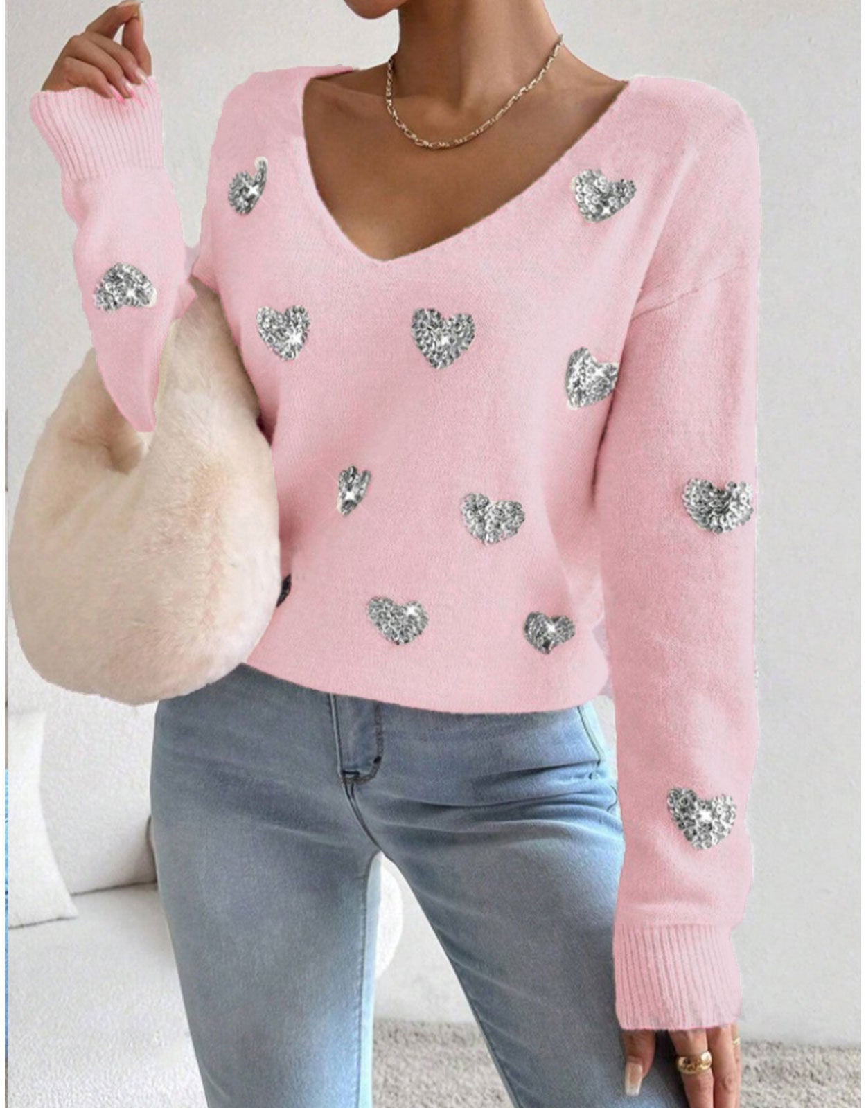 Women’s Embroidered V-Neck Pullover Sweater – Casual Heart Pattern Knit Top