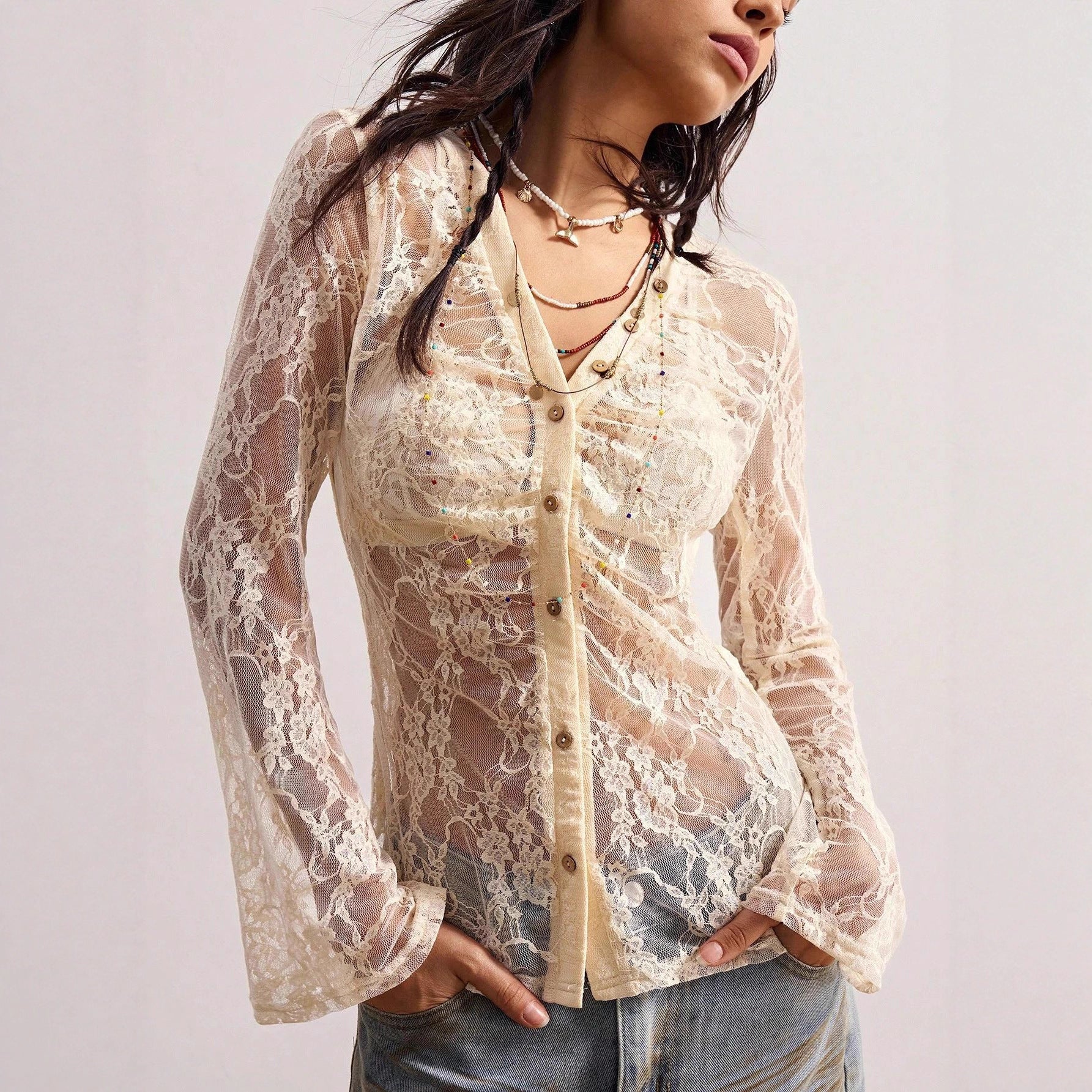 Elegant Sheer Lace Long Sleeve Blouse