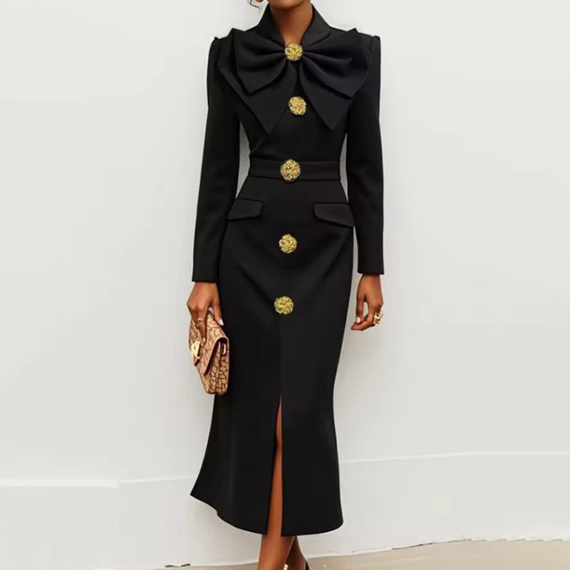 Elegant Button-Front Bodycon Midi Dress with Long Sleeves