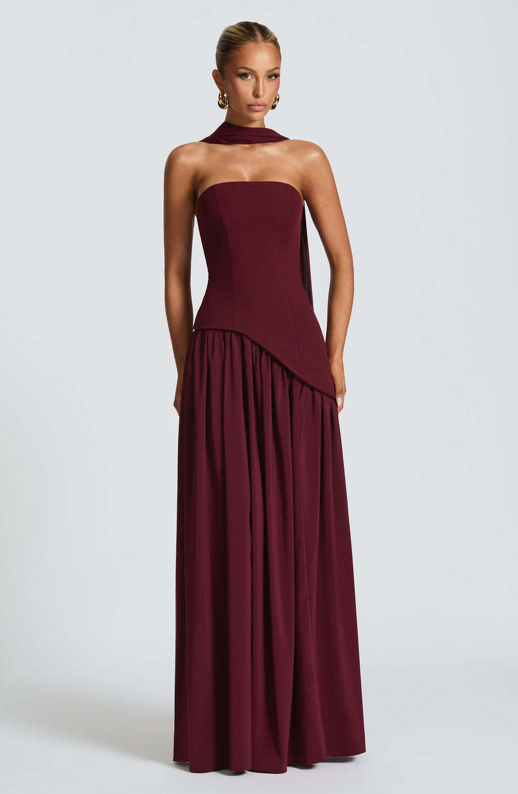 Maliyah Strapless Maxi Dress with High Slit and Scarf Detail