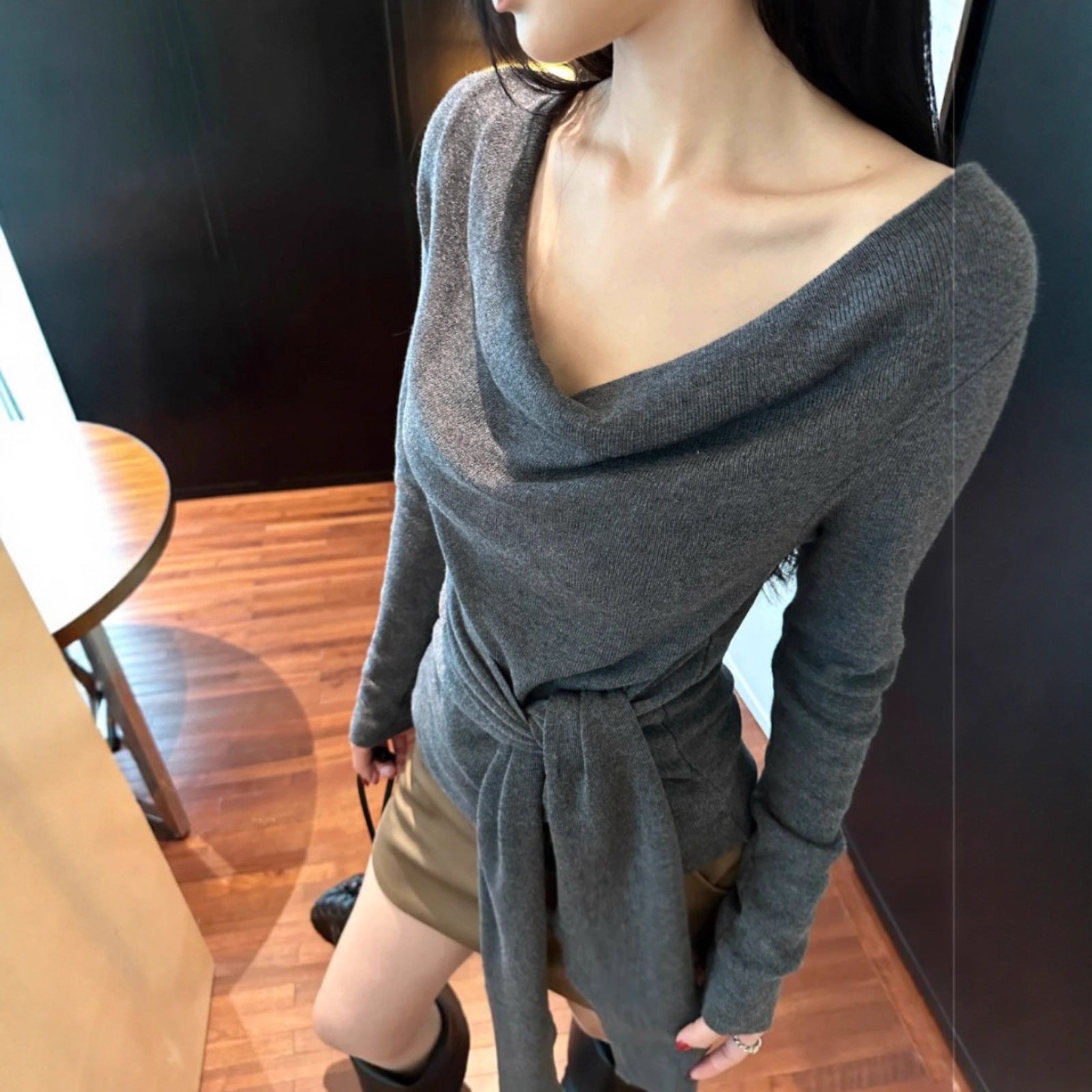 Off-Shoulder Knit Sweater with Waist Tie – Elegant Long Sleeve Pullover