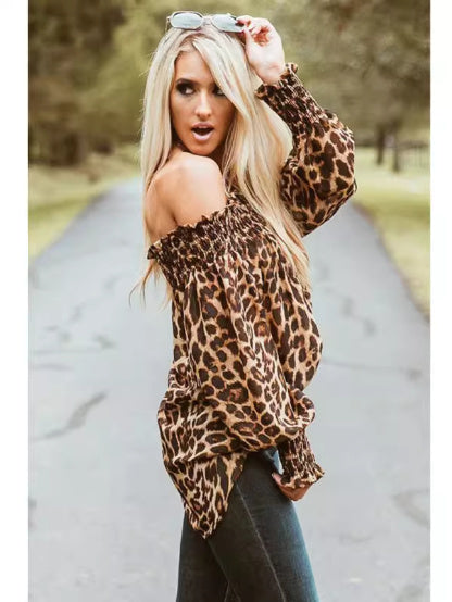 Women’s Leopard Print Off Shoulder Long Sleeve Blouse