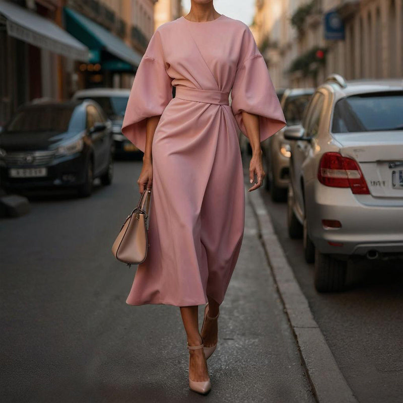 Elegant Plus Size Waist-Defining Maxi Dress with Pleated Design