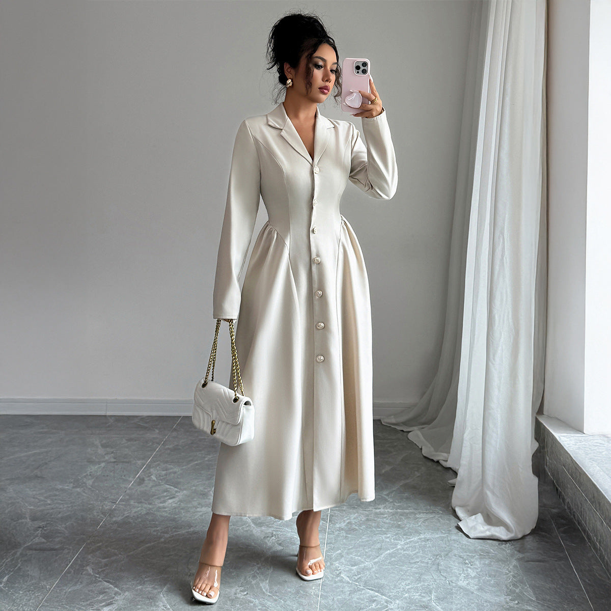Elegant Apricot Long Sleeve Midi Dress