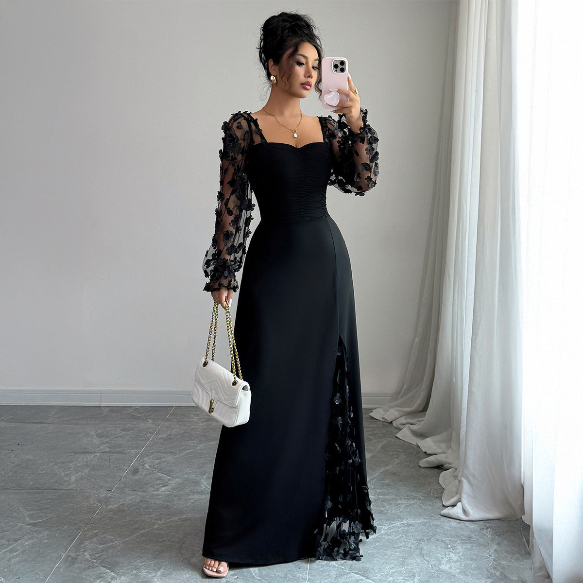 Elegant Black Evening Dress with Sheer Floral Sleeves – Long Maxi Gown