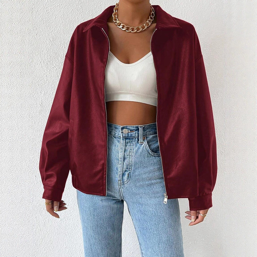 PU Leather Retro Biker Jacket – Women’s Long Sleeve Zipper Lapel Coat