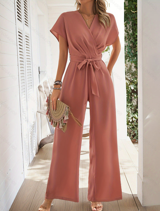 Solid Color Women’s Jumpsuit with Belt – Elegant V-Neck Wide Leg Romper