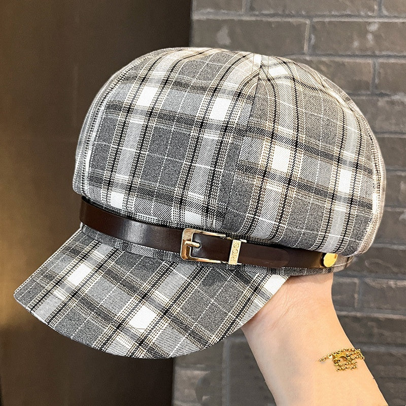 British Retro Plaid Octagonal Hat with Belt – Stylish Dome Cap for Women