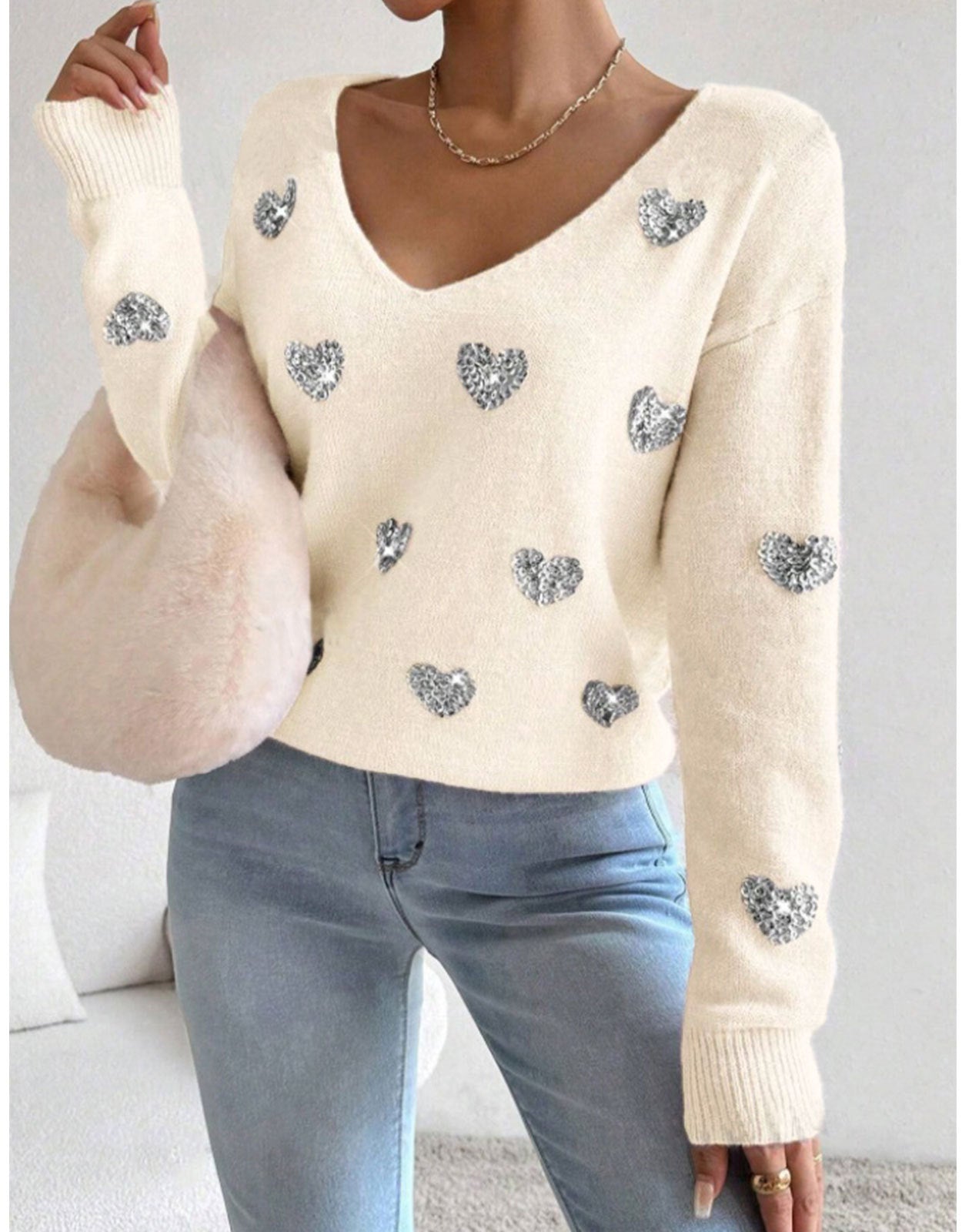 Women’s Embroidered V-Neck Pullover Sweater – Casual Heart Pattern Knit Top