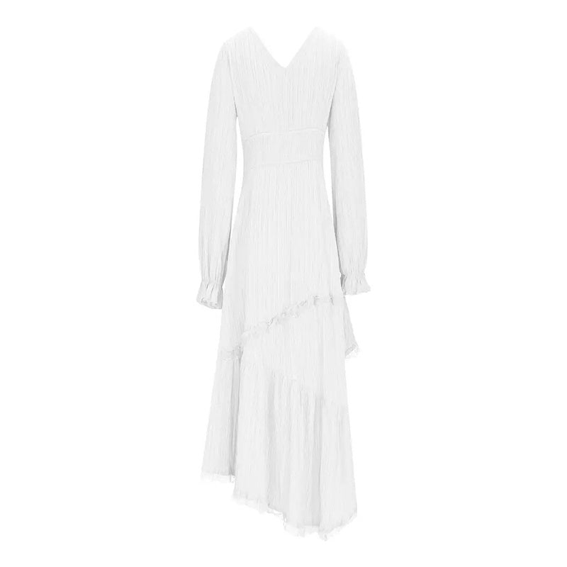 Gothic Deep V-Neck Ruffle Midi Dress with Long Sleeves
