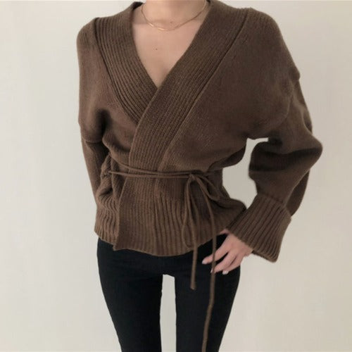 Autumn Winter V-Neck Knitted Wrap Cardigan Sweater – Apricot / Brown