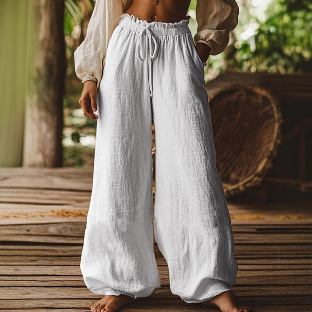 Casual Wide Leg Pants with Elastic Waist & Drawstring – Boho Summer Trousers