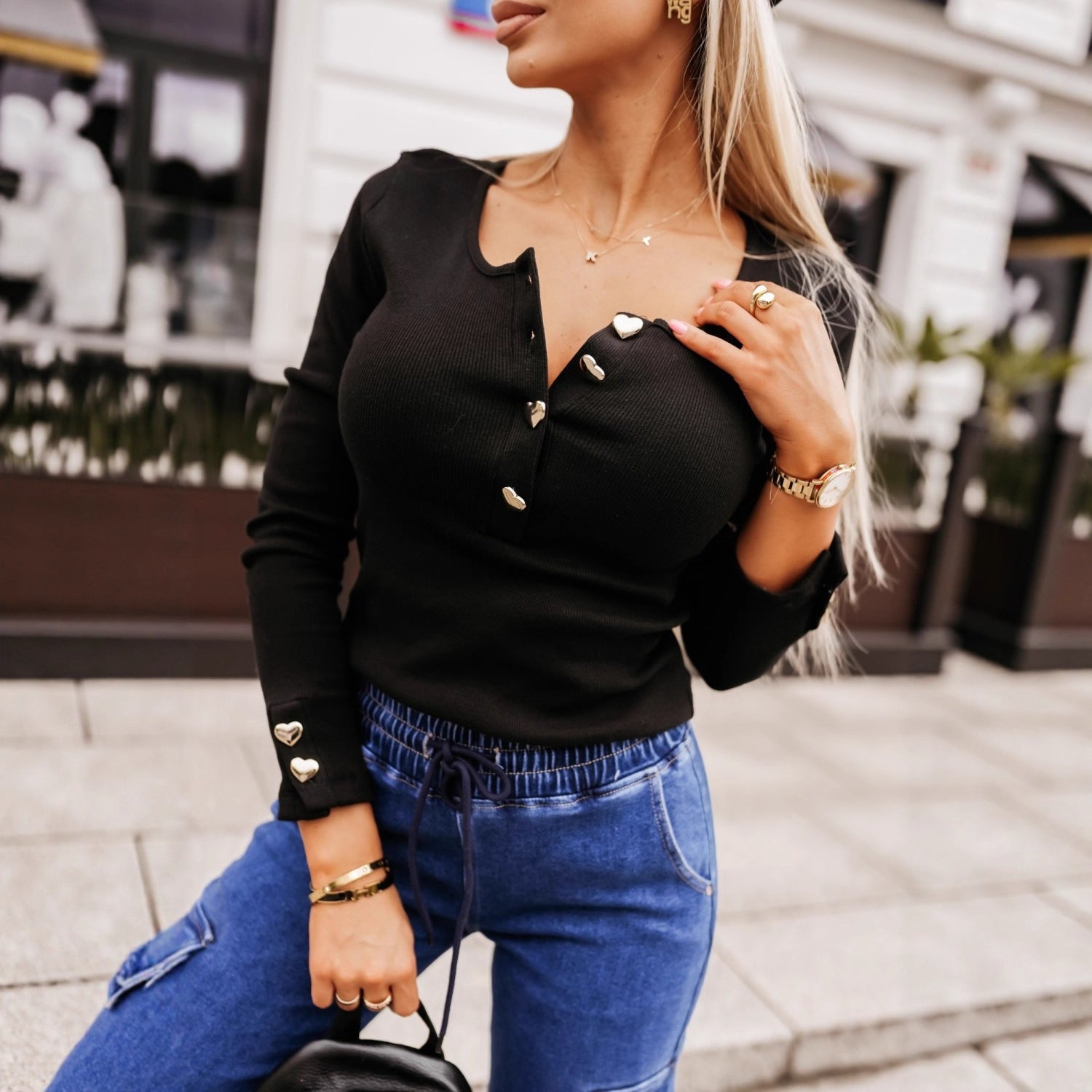 Chic Long Sleeve V-Neck Top with Heart Buttons