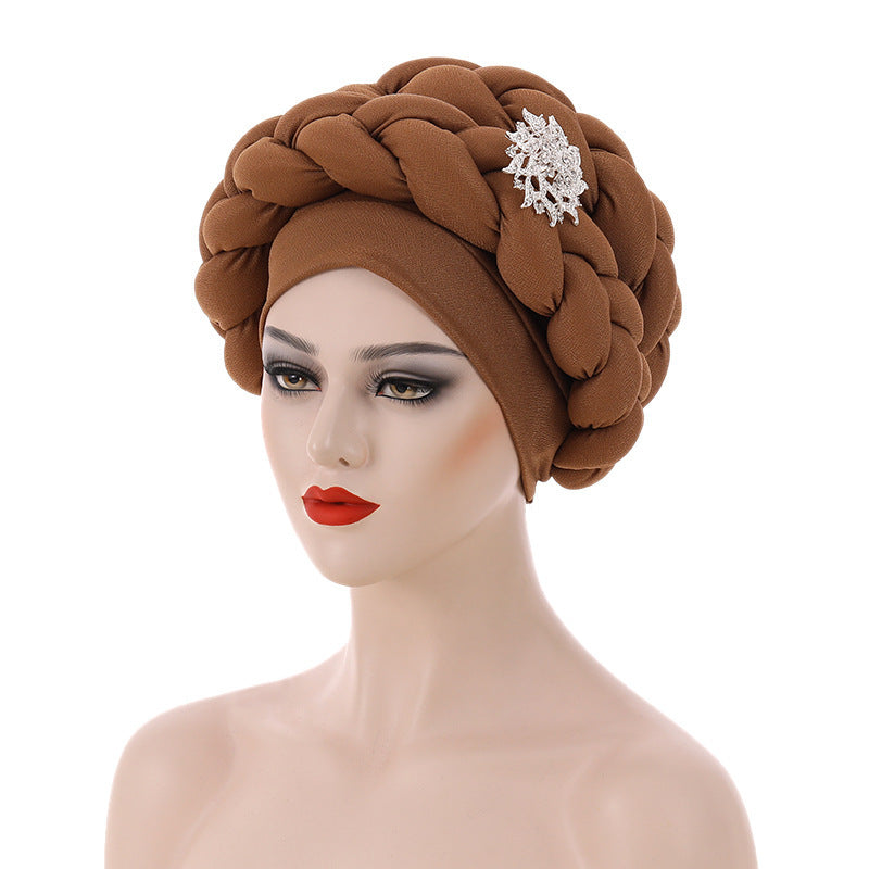Women’s African Style Braided Turban Hat with Decorative Accessories