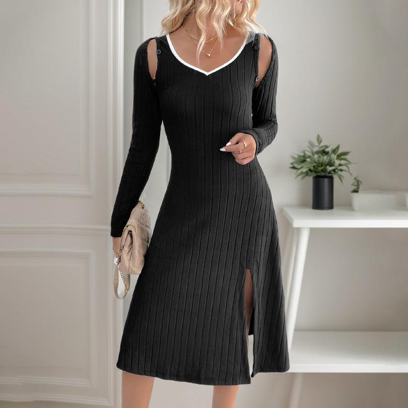 Elegant Style Detachable Long Sleeve V-Neck Knitted Dress