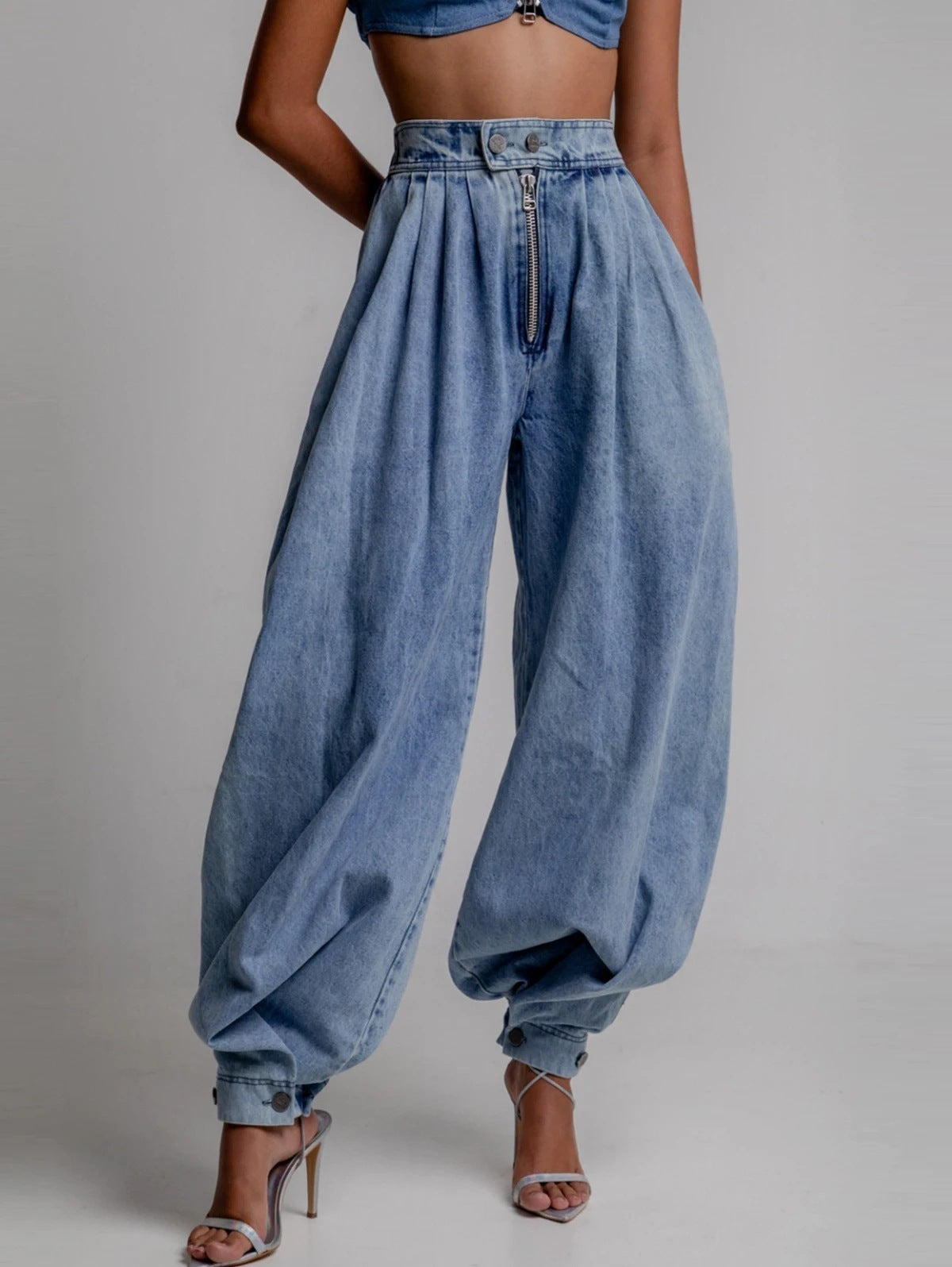 High Waist Loose Fit Zipper Ankle Tie Jeans – Casual Baggy Denim Pants