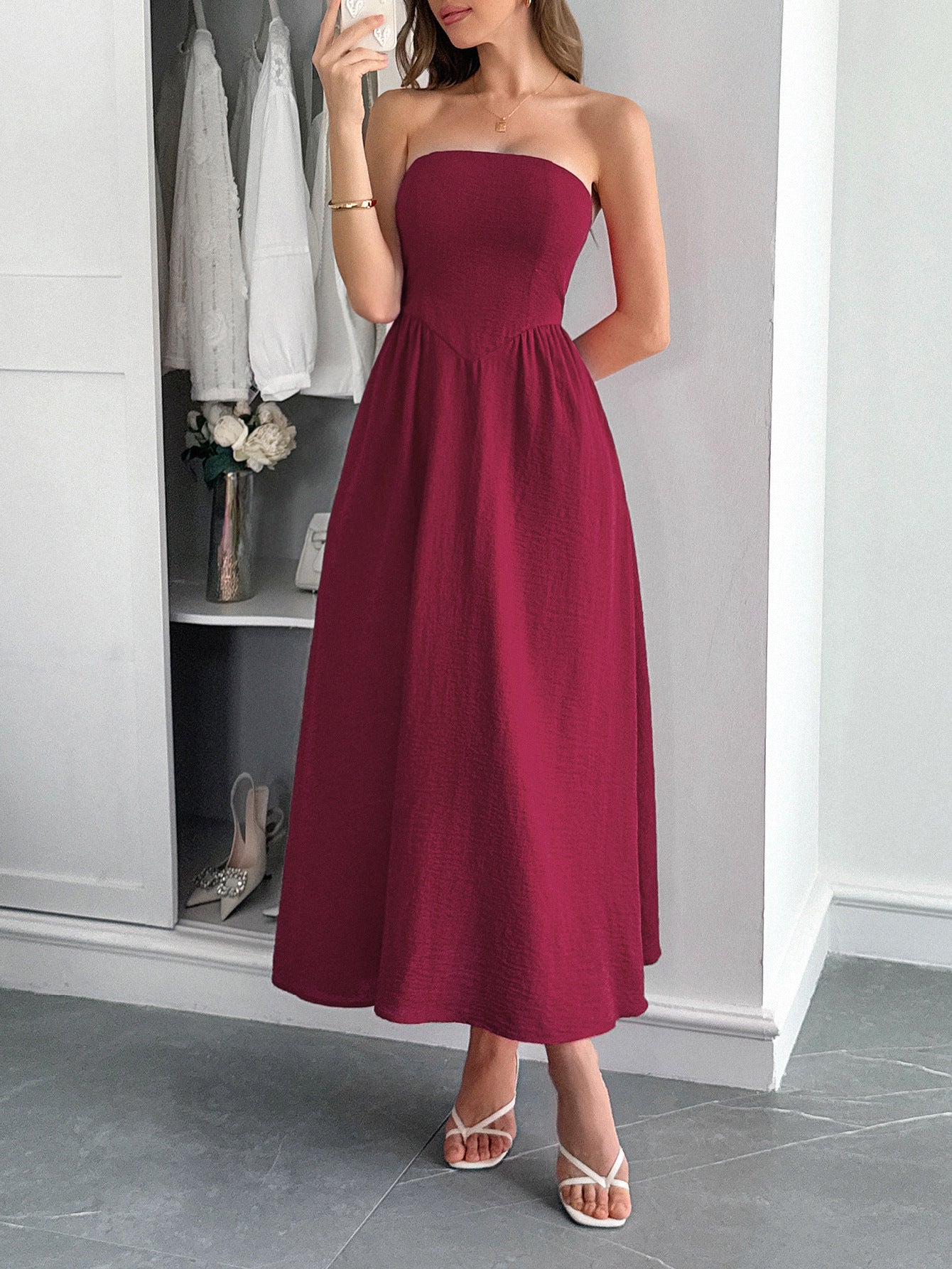 Women’s High Waist Strapless Tube Top Dress Elegant Evening Midi Dress