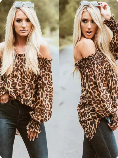 Women’s Leopard Print Off Shoulder Long Sleeve Blouse