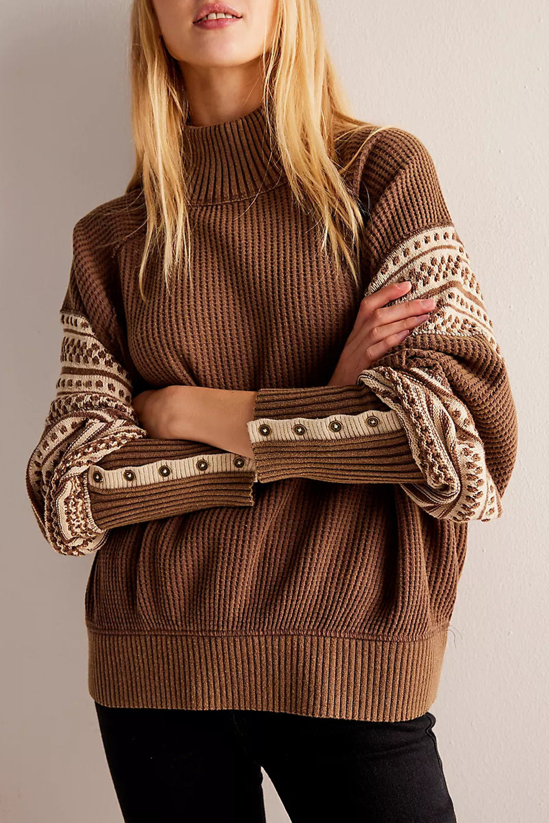 Multi-Colored Half Turtleneck Sweater with Button Sleeve Detail